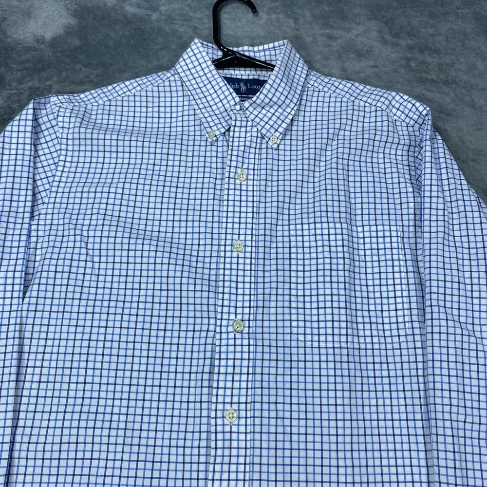 Ralph Lauren Button Down Shirt Mens Medium Classic Fit Blue Brown Plaid Preppy